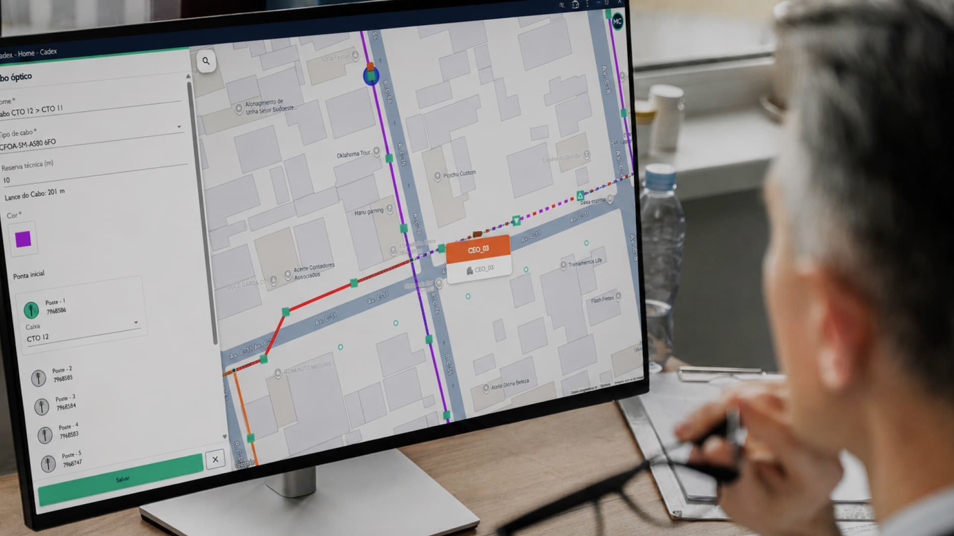 Projeto executivo FTTH desenvolvido na Central Cadex com diagrama de fusão de fibra óptica