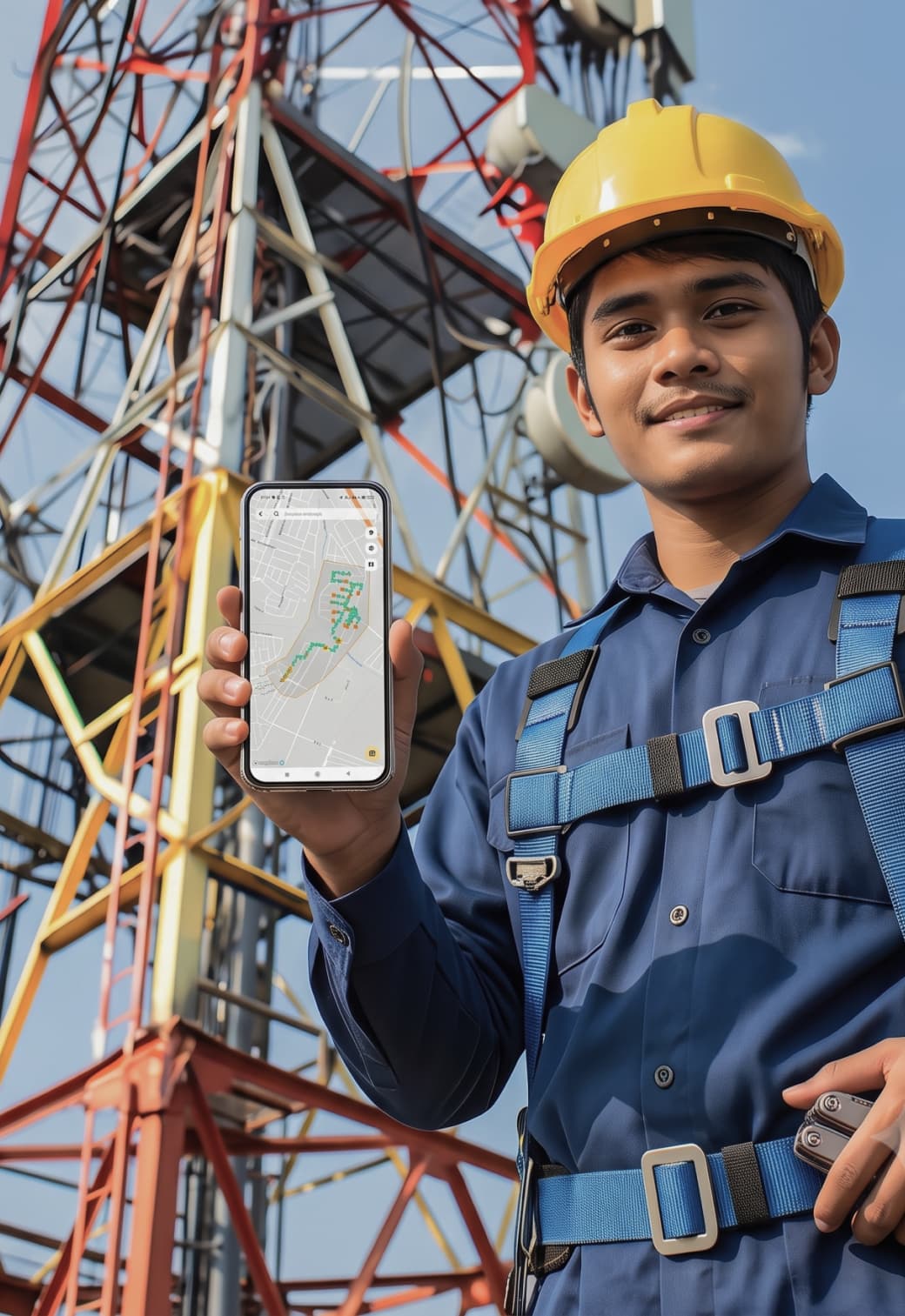 Aplicativo Cadex em uso por técnico de campo mostrando projeto de rede e marca d'água com localização do poste