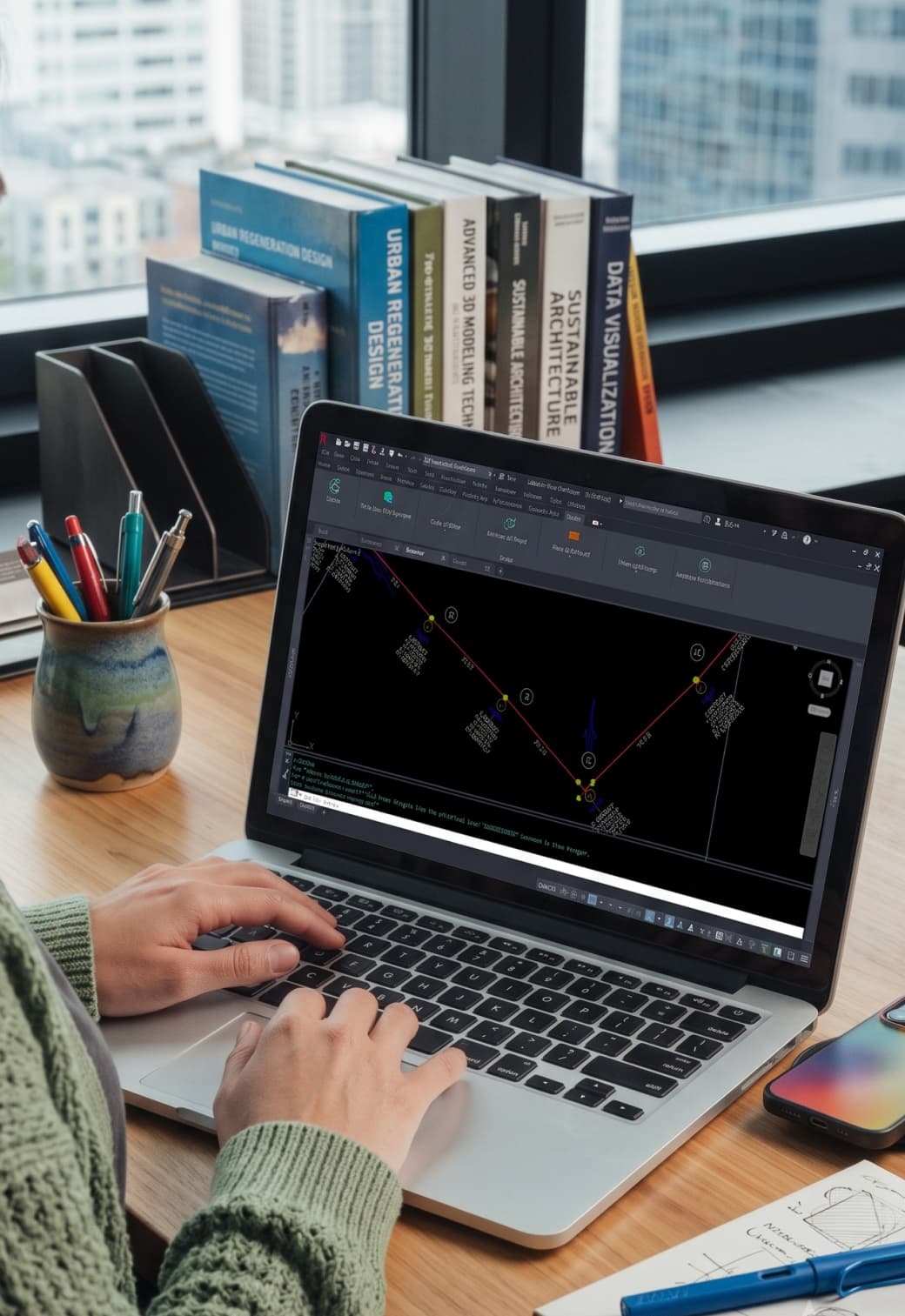 Engenheiro projetista revisando projeto de compartilhamento de postes no AutoCAD com Plugin Cadex e cálculo de esforço mecânico gerado automaticamente