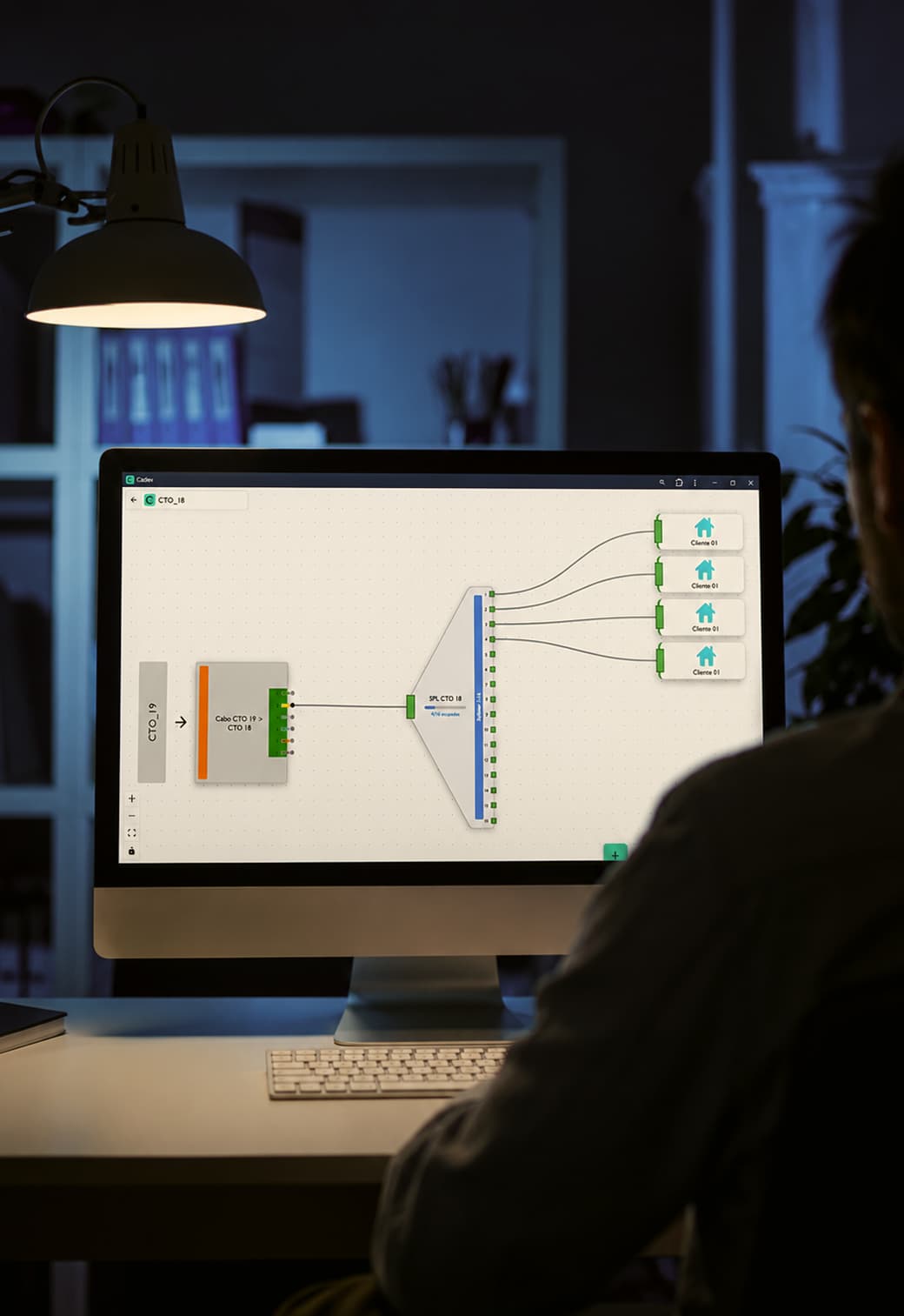 Projeto executivo FTTH desenvolvido na Central Cadex com diagrama de fusão de fibra óptica
